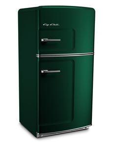 a green refrigerator freezer sitting on top of a white floor