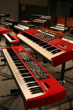 several musical instruments lined up in rows on the floor