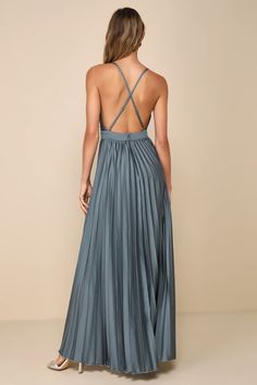 Dark Sage Satin Dress - High-Low Maxi Dress - Backless Maxi Dress - Lulus Pleated Dress Formal, Orange Formal Dresses, Fall Formal Dresses, Gold Formal Dress, Green Formal Dresses, White Dress Formal, Winter Formal Dresses, Dark Sage, High Low Maxi Dress