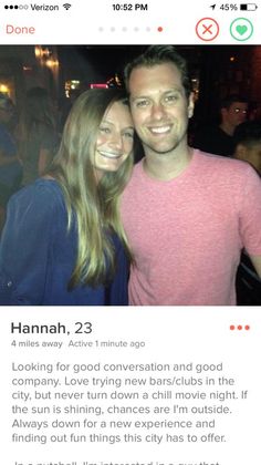 two people standing next to each other in front of a camera and texting that reads hannah 23 looking for food conversation and good company