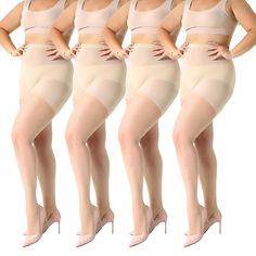 four women in nude colored stockings and high heeled shoes, with their hands on their hips