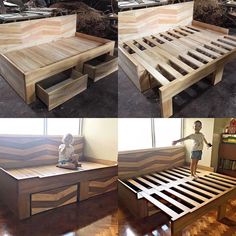 three different pictures of a bed made out of wooden pallets and other furniture items