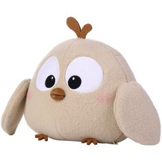 a stuffed bird with big eyes sitting on top of it's back legs,