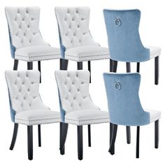 six blue and white chairs with buttons on the back, one is upholstered