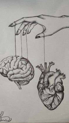 a drawing of two human heart and brain being suspended by strings with hands above them