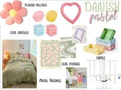 a collage of various items that include bedding, wall hangings and decor