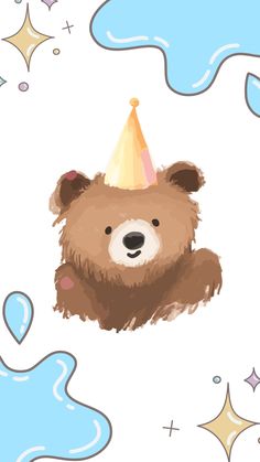 a brown bear wearing a party hat