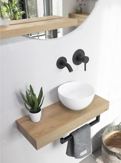 a white bowl sink sitting on top of a wooden shelf next to a potted plant