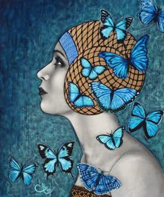 a painting of a woman with blue butterflies on her head and netted hat over her head