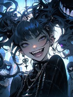 a woman with black hair and blue eyes smiles at the camera while surrounded by monsters