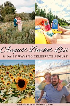 the cover of an august bucket list with sunflowers and people on a boat