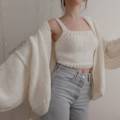 Knit Cardigan, Large Balloon Sleeve Oversized White Knit Cardigan and Crop Top, Handmade Chunky Gift For Her Women's Cardigans Chunky, soft handmade oversize cardigan Unique designed stylish and oversize balloon sleeves. This handmade cardigan is made with love and care. This cardigan is made oversized style so if you do not love oversize please inform me for measurements that you want. This soft and warm handmade cardigan is made of wool blend yarn.(25 % wool, 75% premium acrylic) This type of yarn is very soft and cozy. This cozy cardigan is presented in one size. Oversized. You can choose yor size for crop top. Model height 160 cm and is wearing size S. Care: machine wash delicate cycle / hand wash, cold water, dry flat , do not iron. Please contact me for more details. You can order in Oversized White Cardigan, White Knit Cardigan, Crochet Fashion Patterns, Cardigan Outfits, Diy Crochet Projects, Crochet Inspo, Heidi Klum, White Sweater, Knit Fashion