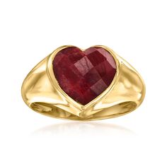 Ross-Simons - 4.90 Carat Ruby Heart Ring in 18kt Gold Over Sterling. Size 6. Enrich any ensemble by adding this fabulous, fiery statement ring! Features a 4.90 carat heart-shaped ruby set in 18kt yellow gold over sterling silver. 3/8" wide. Ruby ring. Ruby birthstones are the perfect gift for July birthdays. Valentine's Day Ruby Ring Fine Jewelry, Classic Heart-shaped Ruby Ring For Formal Occasions, Heart-shaped Gemstone Ring For Valentine's Day, 14k Gold Heart Cut Ruby Ring For Valentine's Day, Heart-shaped 14k Gold Ruby Ring For Valentine's Day, Classic Heart-shaped Ruby Ring, Heart-shaped Ruby Ring For Formal Occasions, Valentine's Day 14k Gold Heart Cut Ruby Ring, Classic Heart Cut Ruby Ring For Valentine's Day