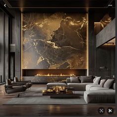 an elegant living room with marble walls and flooring is featured in the advert