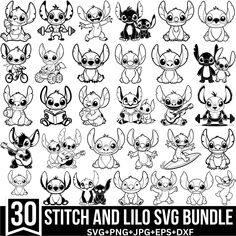 the stitch and lil svg bundle includes over 30 cute little animals, including an elephant,