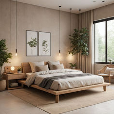 A minimalist Japandi-style bedroom featuring a wooden bed frame, neutral bedding, hanging pendant lights, and lush greenery, with large windows providing natural light. Japandi Small Apartment Bedroom, Natural Coloured Bedroom, Spare Bedroom Design Ideas, Bedroom Mediterranean Style, Japandi Inspired Bedroom, Warm Bedroom Ideas Colour Schemes, Tropical Interior Design Bedroom, Wood Wall Room, Bedroom Ideas White Walls