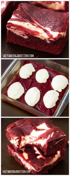 red velvet cake with white icing on top is shown in three different stages and then has been cut into squares