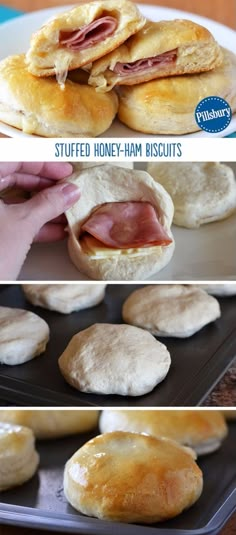 the process of making stuffed honey - ham biscuits