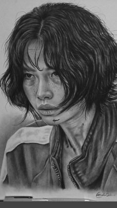 a pencil drawing of a young boy with long hair and piercings on his face