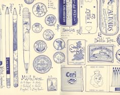 an open notebook with various items drawn on it, including pens and magnets in ink