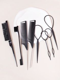 Black  Collar    Brush & Comb Sets Embellished   Beauty Tools French Braiding, Brush For Hair, Edge Brush, Teasing Brush, Braid Tool, Rat Tail Comb, Tail Comb, Hair Styling Tool, Teased Hair