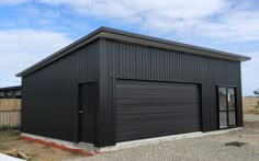 a black garage sitting next to a wooden fence