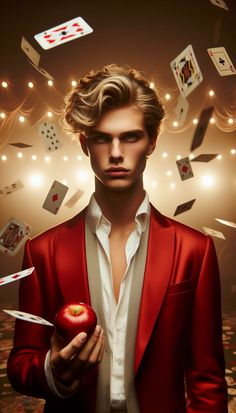 a man in a red suit holding an apple