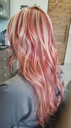 Fun Hair Ideas For Blondes, Blond With Red Hair, Blonde Highlights With Color Streak, Brown With Blonde Money Pieces Curly Hair, Red Violet Blonde Hair, Red On Blonde Hair, Blonde With Bright Red Highlights, Pink Hair With Red Highlights