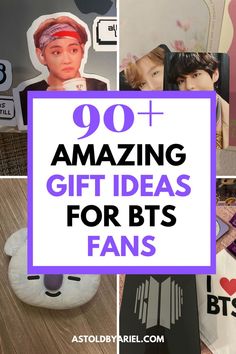 the words, 100 + amazing gift ideas for bts fans are in purple and white