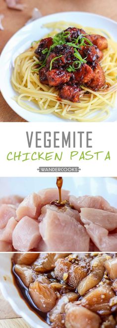 the ingredients for this chicken pasta are shown in three different pictures, including meat and noodles