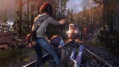 two people are standing on train tracks with the words life is strange in front of them