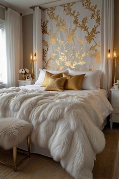 a white bed topped with lots of pillows next to a wall covered in gold leaves