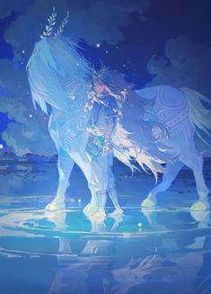 a woman standing next to a white horse on top of a body of water at night