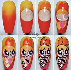 Kim Possible Nails, Nail Art Tutorial Step By Step, Powerpuff Nails, Nail Art Dessin, Blossom Powerpuff