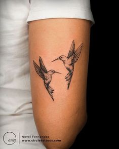 a woman's arm with two hummingbirds on it