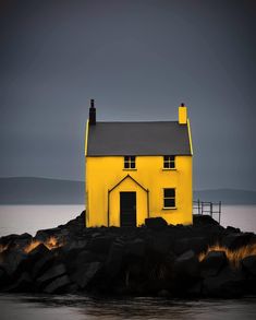 a yellow house sitting on top of a rocky shore