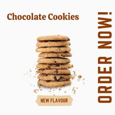 chocolate cookies are stacked on top of each other with the words order now written below