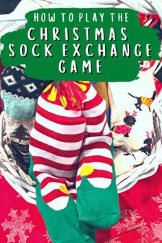 a basket full of christmas stockings and socks with the words how to play the christmas sock exchange game