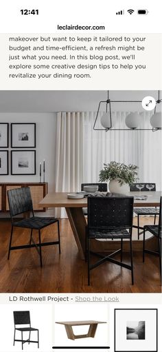 an advertisement for a dining room table and chairs with pictures on the wall behind it