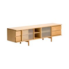 the sideboard is made from wood and has two drawers, one with glass doors