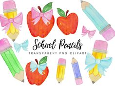 watercolor school pencils with bows and apple clipart for teachers, parents or students