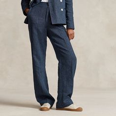 Rendered in Italian linen with Riviera-inspired pinstripes these pants are expertly tailored for a straight-leg silhouette with creases along each leg. Polo Sport, Sale Store, Linen Trousers, Ralph Lauren Home, Straight Leg Trousers, Personalized Baby Gifts, Italian Fabric, Winter Sale, Straight Leg Pants