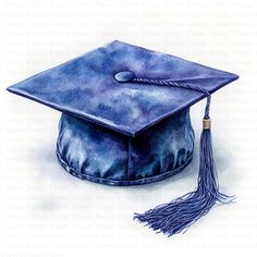 a watercolor painting of a blue graduation cap