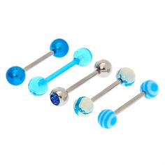 three blue and white balls are attached to two surgical steel barbells, one is round