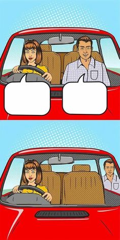 two people sitting in the back seat of a red car, one is driving and another is