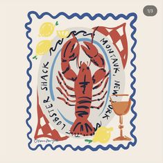 a drawing of a lobster on a postage stamp with wine glasses and lemons in the background