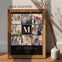 a photo collage with the letter m in gold and black is displayed next to a vase