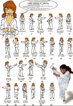 a woman doing karate moves with instructions for her to do the same thing in front of her