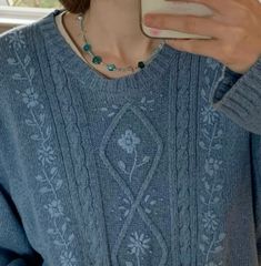 Dream Clothes Fall, Dream Clothes Aesthetic, Cute Outfit Aesthetics, Knit Jumper Pattern, Fall Aesthetic Cute, Blue Chunky Sweater, 90s Knitwear, Her Drawing, Outfit Aesthetics