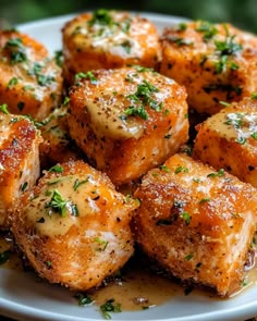 a white plate topped with cubes of food covered in gravy and parsley